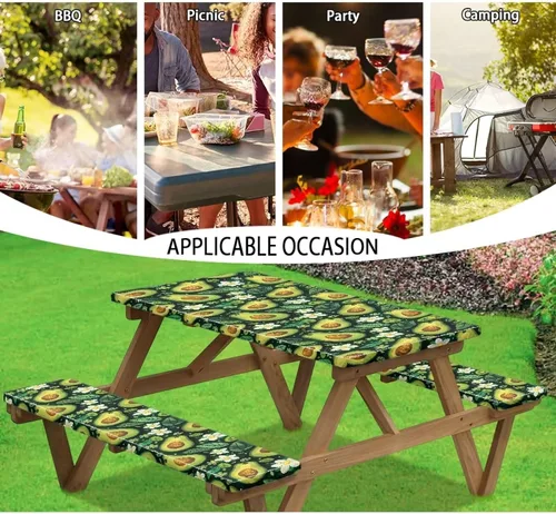 Vista 4 de Funda de mesa de picnic con fundas de banco, resistente al viento, resistente a las manchas, mantel de camping y accesorios de viaje, juego de 3