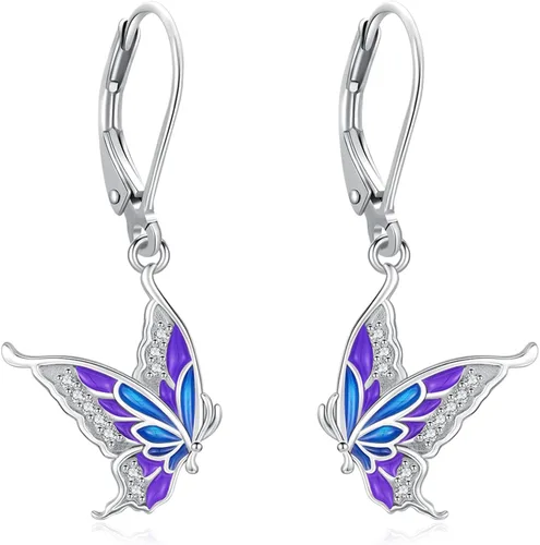 Vista 301 de Aretes colgantes de plata de ley con diseño de árbol de la vida, flor, abeja, animales, gato, colibrí, piedra lunar, turquesa, aretes con cierre