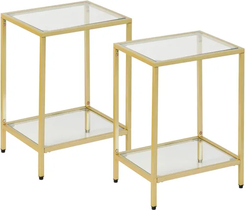Vista 11 de Gawicpy Moderna mesa auxiliar de vidrio templado de 2 niveles, elegante mesa auxiliar de metal negro para espacios pequeños, perfecta para sala