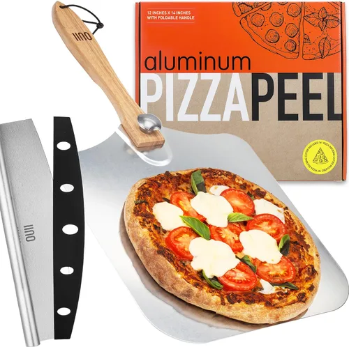 Vista 12 de Pala de Pizza Perforada de 12 x 14 Pulgadas. - Espátula de Metal de Aluminio para Parrilla con Mango Plegable. Accesorios y Herramientas para Horno
