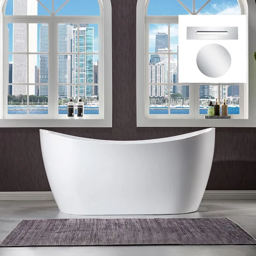 Vista 20 de WOODBRIDGE BTA1516 BG - Bañera independiente de acrílico de 59 pulgadas, bañera blanca de remojo contemporáneo con desbordamiento y drenaje de oro