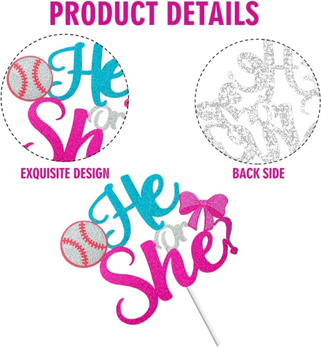 Vista 4 de Él or She Gender Reveal Cake Topper - Decoración para pastel de béisbol o lazos para niño o niña, suministros de anuncio de embarazo azul o rosa