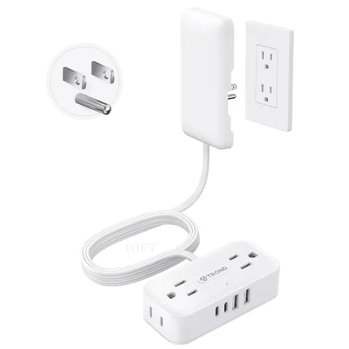 Vista 10 de TROND Regleta de alimentación de enchufe plano de 3 pies, cable de extensión plano pequeño con múltiples tomas, 4 puertos de CA y 4 puertos USB