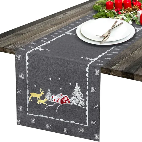 Vista 2 de Mantel pequeño con diseño de reno bordado para fiestas de Navidad