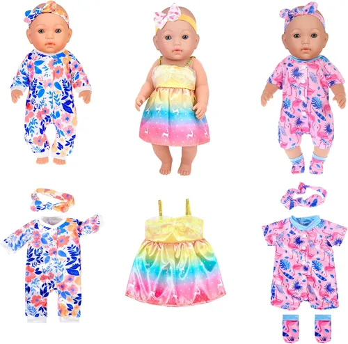 Vista 5 de ebuddy Paquete de 10 ropa de muñeca de bebé para muñecas de 15 a 17 pulgadas, lindos trajes de muñeca con diademas, juego de ropa de muñeca de moda