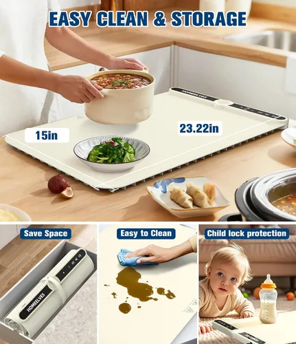 Vista 5 de Tapete de calentamiento de alimentos, bandeja de calentamiento eléctrico de calentamiento rápido con 9 ajustes de temperatura y temporizador de 6