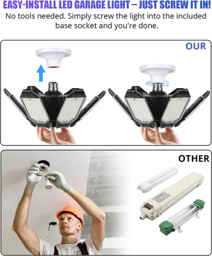 Vista 5 de Tudoccy Luces de garaje, paquete de 2 luces LED de techo de garaje de 34000 lúmenes, 6500 K, luz LED para tienda, 6 paneles ajustables, bombilla