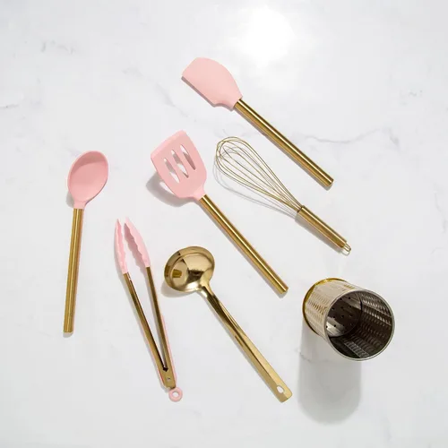 Vista 9 de Paris Hilton Juego de herramientas de cocina con recipiente para utensilios con utensilios de cocina de silicona, batidor y cucharón de acero