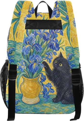 Vista 2 de Mochila transparente con diseño de gato negro y helado para la Lirios de gato azul