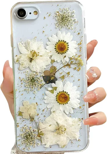 Vista 22 de LSEEKA Funda transparente para iPhone 11 con diseño de flores prensadas reales, linda y brillante, patrón floral rosa, funda protectora delgada