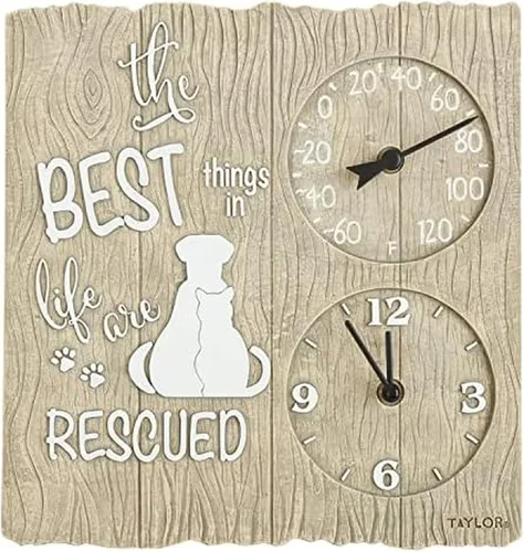 Vista 10 de Taylor Reloj y termómetro de poliresina de hibisco rosa para interiores y exteriores, decoración del hogar para jardín, patio, piscina y áreas