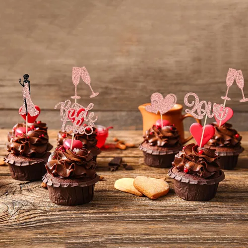 Vista 5 de 30 piezas de decoración para cupcakes con purpurina champán y corazón, para despedida de soltera, bodas, compromisos, despedidas de soltera, Oro Rosa