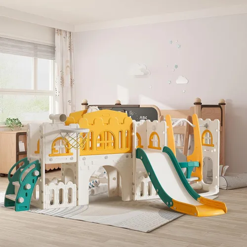 Vista 7 de Sistema de juego para patio de recreo, tobogán 10 en 1 para niños, juego de columpio/tobogán, para interiores para niños pequeños de 1 a 3 años