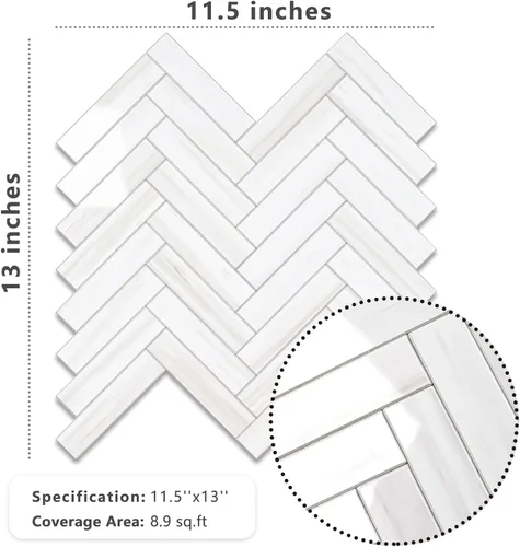 Vista 5 de Vamos Tile Azulejo Blanco Brillante de Dolomita Despegar y Pegar para Salpicaderas - 10 Hojas Azulejos de PVC Autoadhesivos en Espiga para Pegar