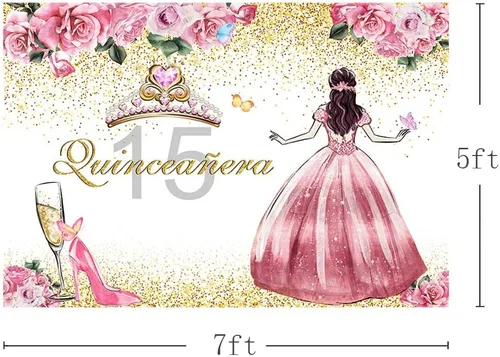 Vista 3 de AIBIIN Telón de fondo de quinceañera de 15 cumpleaños para niñas, fondo de fotografía rosa floral dorado con purpurina, corona de princesa, tacones