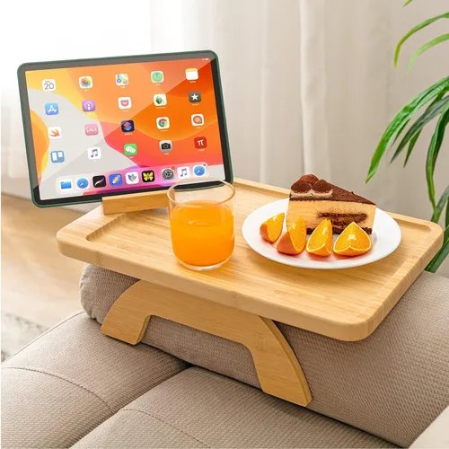 Vista 12 de SINWANT Mesa de Brazo para Sofá, Mesas de Reposabrazos de Sofá de Madera de Acacia, Mesa de Reposabrazos de Sofá con Soporte para Teléfono de 360°