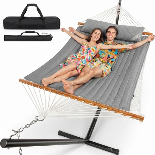 Vista 10 de Everyfun - Hamaca para 2 personas al aire libre con soporte, hamaca de cuerda de algodón con almohadilla de poliéster, estructura de acero