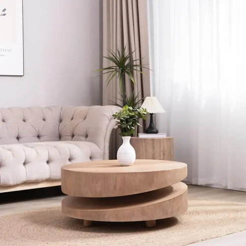 Vista 3 de Mesa de centro redonda de 31.3 pulgadas, mesa de centro moderna para sala de estar, estilo escultórico minimalista contemporáneo de granja, grano