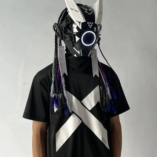 Vista 3 de YYINYUAN Máscara punk blanca futurista, decoración de casco de cosplay de Halloween con trenza ligera y sucia, máscara cibernética estilo guerrero