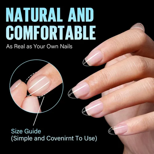 Vista 4 de TOMICCA Puntas de uñas de almendra extra cortas, 240 unidades, 15 tamaños, puntas de uñas de gel transparente preformadas, no necesita lima, uñas