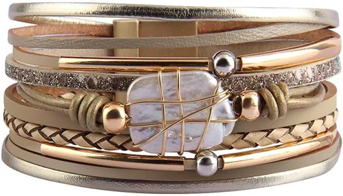 Vista 14 de Fesciory - Pulsera de leopardo para mujer, estilo bohemio de cuero multicapa con perlas de cristal