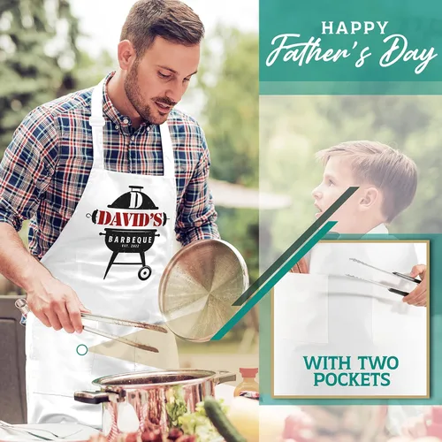 Vista 7 de Delantal de cocina personalizado para el día del padre, regalo con nombre 8 diseños de parrilla, delantales blancos personalizados para papá regalo