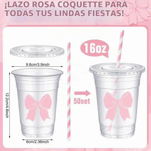 Vista 2 de Sliner - 50 vasos de plástico desechables de 16 onzas con pajilla, lazo