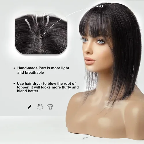 Vista 3 de HAIRCUBE Pelucas de cabello humano 100% con flequillo, densidad 150%, base de seda, clip en la parte superior, pelucas de cabello superior