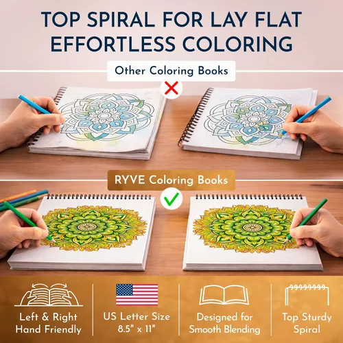 Vista 6 de Libro de colorear mandala RYVE para adultos - 50 mandalas únicas para relajación y alivio del estrés - Libro de colorear para adultos en espiral