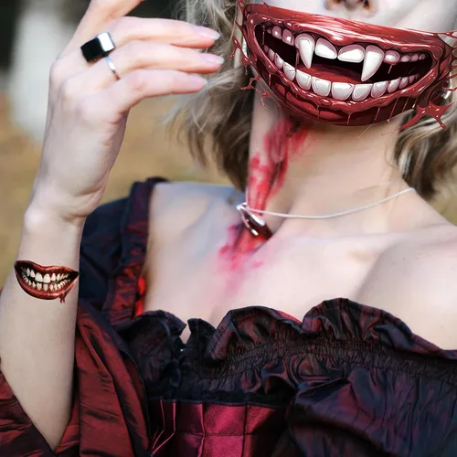 Vista 3 de Juego de 10 hojas de tatuajes temporales de cara de Halloween para adultos y niños, calcomanías de tatuaje de boca grande aterradora, maquillaje