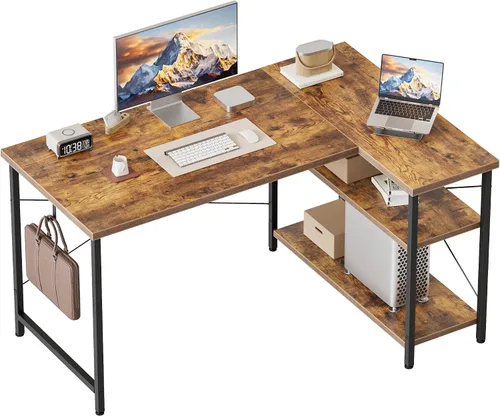 Vista 34 de Mericonia Escritorio pequeño en forma de L para computadora con tomas de corriente, escritorio de juegos para espacios pequeños, escritorio