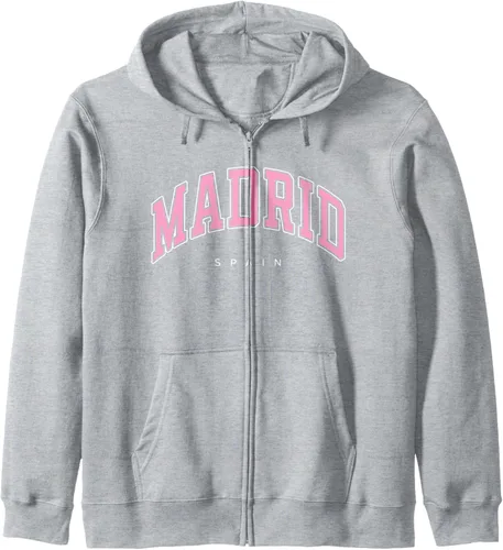 Vista 3 de Madrid España España Varsity Style Sudadera con capucha y texto rosa, Negro