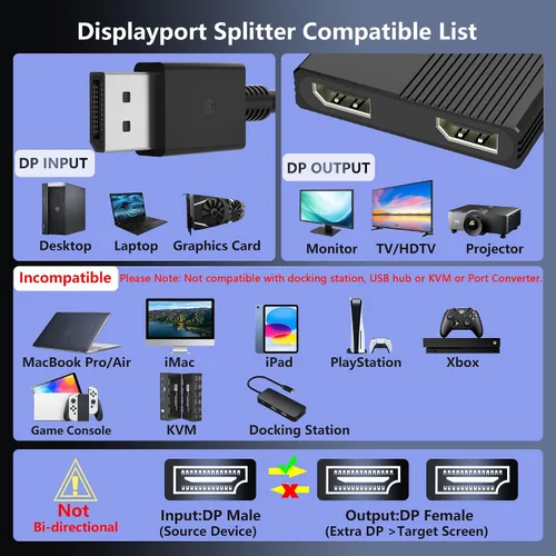 Vista 7 de Displayport MST Hub, 4K@120Hz Display Port Splitter for Dual Monitors, DP to Dual DP Adapter 1 in 2 Out, DisplayPort Splitter Extended Display