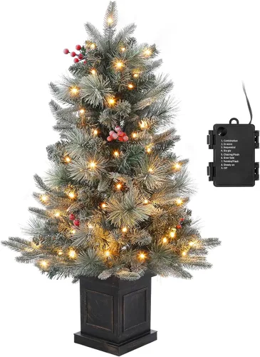 Vista 7 de Árbol de Navidad artificial preiluminado de 3 pies, árbol de Navidad de nieve flocada premium con LED blanco cálido, mini árbol de Navidad Base