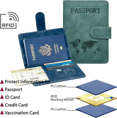 Vista 2 de Juego de 2 fundas para pasaporte, Azul, verde, Minimalista