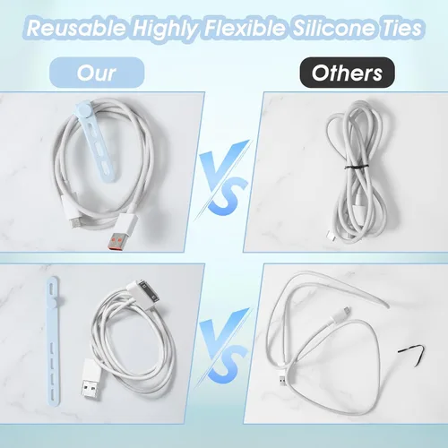 Vista 3 de Xinjoduz 10 bridas de silicona para cables, organizador de cables de carga lavable, bridas reutilizables con hebilla de bloqueo, correa de cable