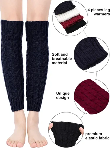 Vista 4 de Geyoga 4 pares de calentadores de piernas para mujeres y niñas, calentadores de piernas largas de invierno de punto trenzado para botas de ganchillo