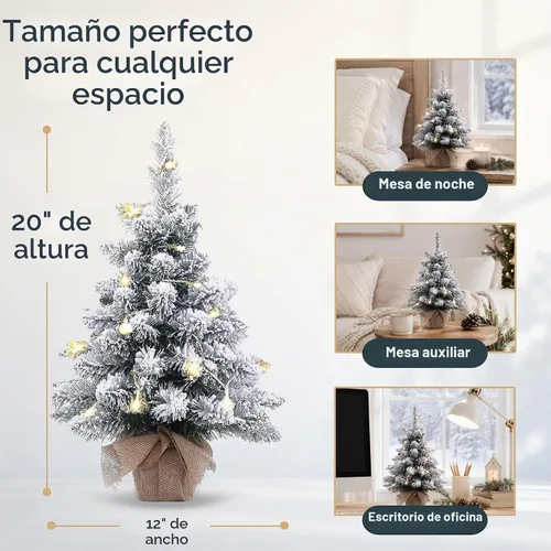 Vista 2 de Árbol de Navidad artificial mini preiluminado, árbol pequeño de Navidad de 20 pulgadas con copos de nieve, pino, con 40 luces LED, 70 puntas