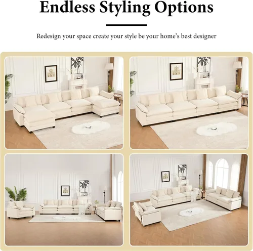 Vista 7 de Sofá seccional modular beige de 117.3", sofás seccionales grandes de 3 plazas para sala de estar, sofá nube oversized de tela chenille con otomana