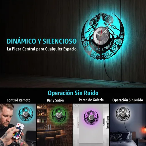 Vista 6 de Reloj de pared de disco de vinilo de tatuaje, 7 LED de retroiluminación de Con LED