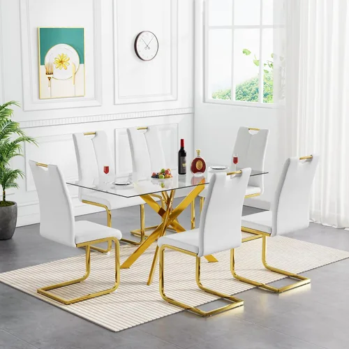 Vista 23 de SSLine Mesa de comedor moderna de cristal, rectangular de 51 pulgadas, color negro con patas de metal diseñadas en X para cocina y comedor