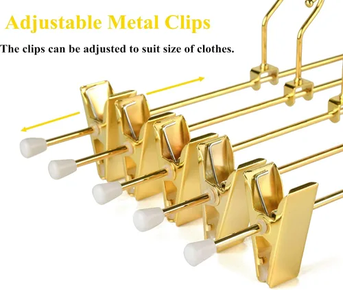 Vista 5 de Amber Home Paquete de 10 perchas de metal dorado brillante de 12 pulgadas para pantalones, resistentes para pantalones con 2 clips antideslizantes
