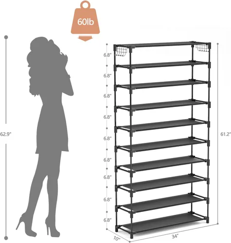 Vista 3 de LANTEFUL Zapatero de 10 niveles, 50 pares, organizador de zapatos alto de gran capacidad, almacenamiento de zapatos resistente con dos ganchos