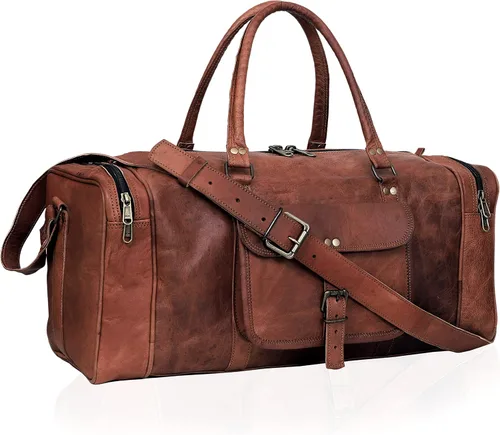 Vista 9 de Bolsa de lona de cuero genuino de 22 y 24 pulgadas Bolsa de cuero para viajes durante la noche Bolsa de deporte para gimnasio para hombres