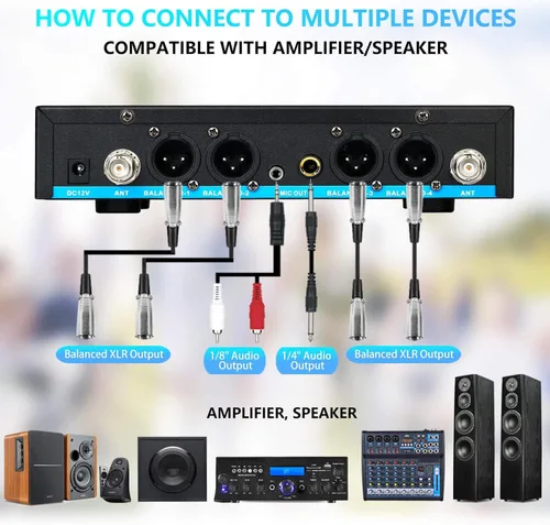 Vista 9 de Sistema de micrófono inalámbrico profesional de 4 canales, auriculares de mano inalámbricos de metal UHF, micrófonos de solapa para cantar karaoke
