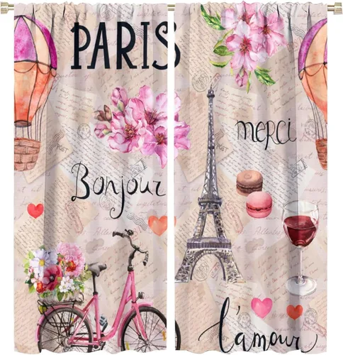 Vista 48 de Cortinas de la Torre Eiffel de París, pintura al óleo, flores moradas, torres de ciudad, con bolsillo para barra, cortinas de ventana