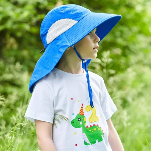Vista 3 de Connectyle Sombrero de sol con protección UV de ala grande para niños con solapa para el cuello, gorra de pesca de malla Azul