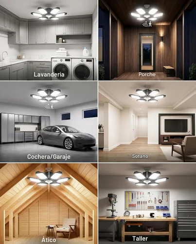 Vista 6 de BRAINIAC Bombillas LED de garaje de 100 W con 6 paneles ajustables, E26/E27 tornillo de enchufe, luz LED de techo de garaje deformable para almacén
