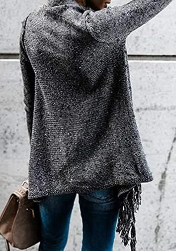 Vista 4 de CEASIKERY Women's Tassel Hem Sweater Long Cardigan Knitwer Pullover Poncho Coat