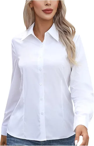 Vista 9 de Womens Button Down Shirts Collared Long Sleeve Solid Color Dressy Blouses Business Casual Office Work Tops